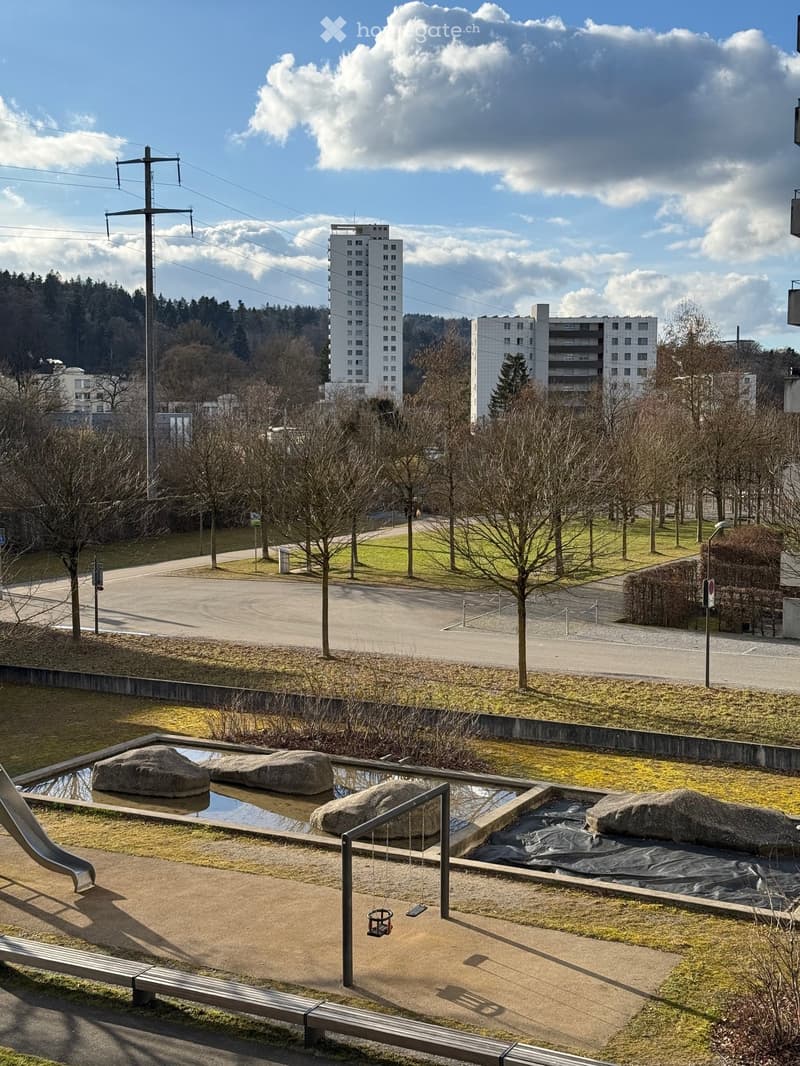 A park with trees, a small playground, a slide, and a swing. Several buildings are visible in the background under a cloudy sky.