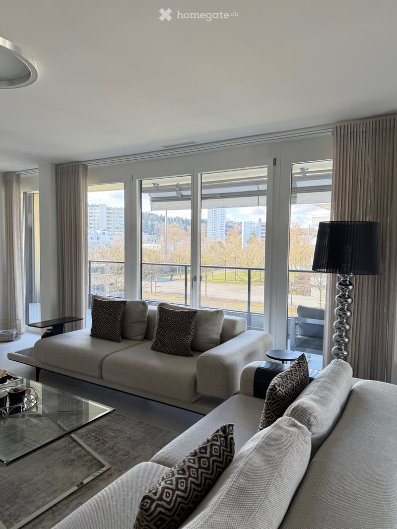 modern decor, two sofas, glass coffee table, floor lamp, panoramic city view