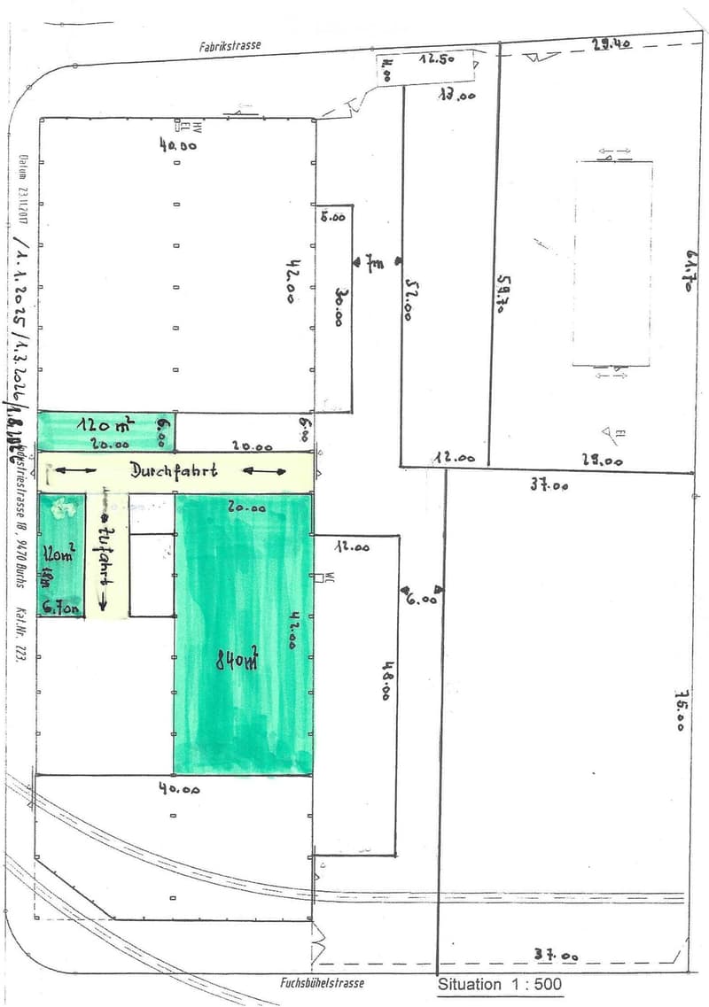 Floor plan showing a layout with labeled dimensions and areas, including a driveway, parking spaces, and building outlines.