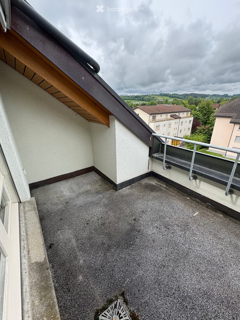 Roof terrace with concrete floor, metal railing, and a view of surrounding buildings and greenery.