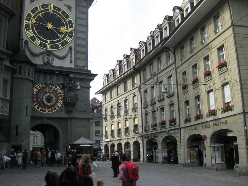 A historic building with a large clock tower and ornate details, surrounded by other buildings with shops and flower boxes, and people walking in the square.