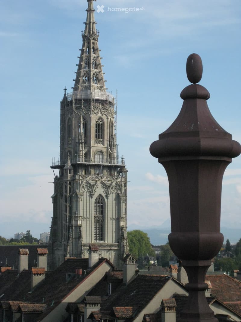 A tall, ornate tower with intricate Gothic architecture, featuring pointed arches, decorative stonework, and a spire. The tower is under construction with scaffolding visible. The foreground shows a rounded rooftop structure with a dome-like top.