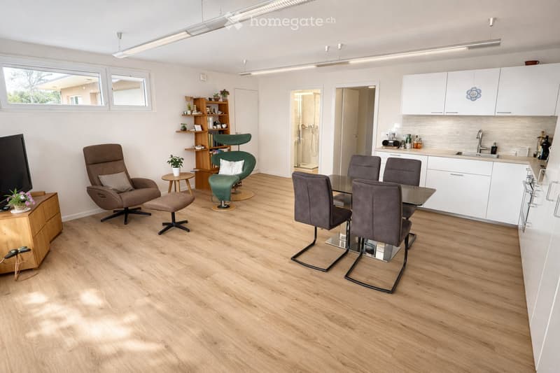 A modern, open-plan living and dining area with a kitchen. The space features a brown leather sofa, a glass dining table with six chairs, a small wooden shelf with books and decorative items, and a sleek white kitchen with cabinets and a sink.