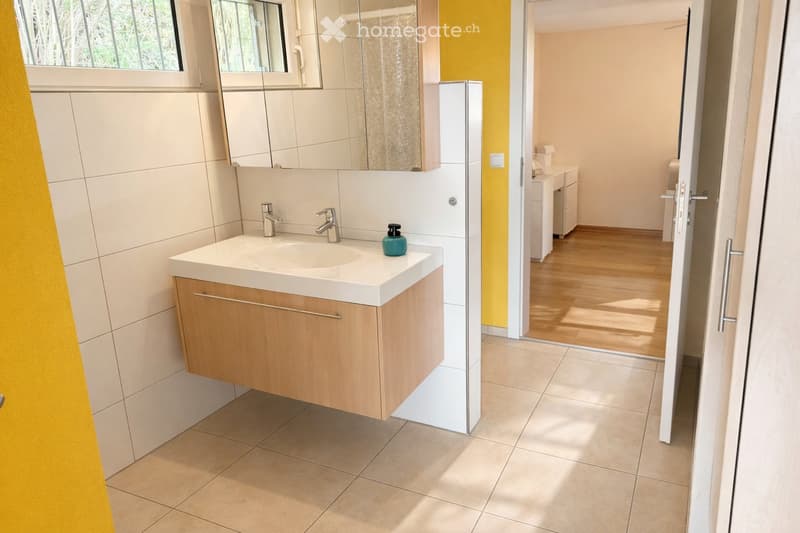 Modern bathroom with a white sink, wooden cabinet, mirror, and a small bottle on the counter. The adjacent room has light wooden flooring and a white cabinet.