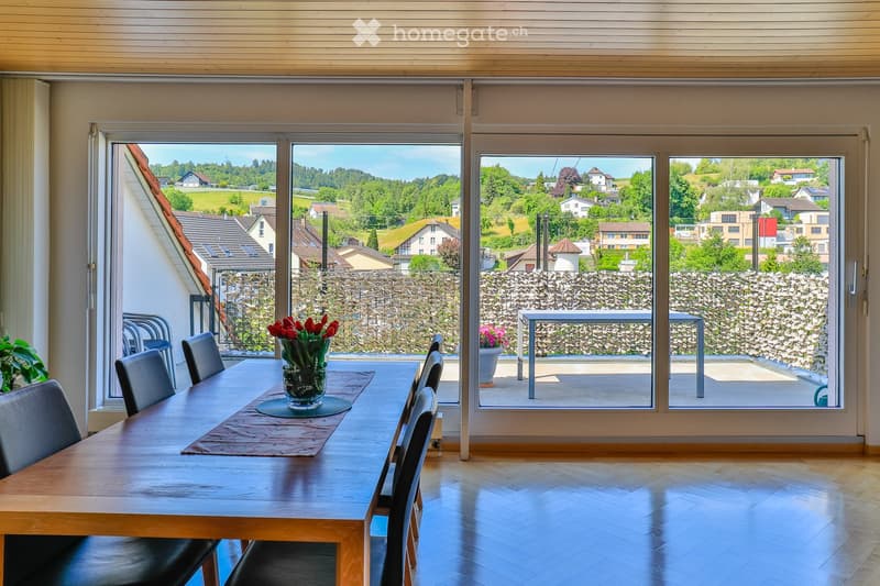 Bright dining area with a wooden table, black chairs, and a vase of red tulips, overlooking a scenic countryside view through large windows.