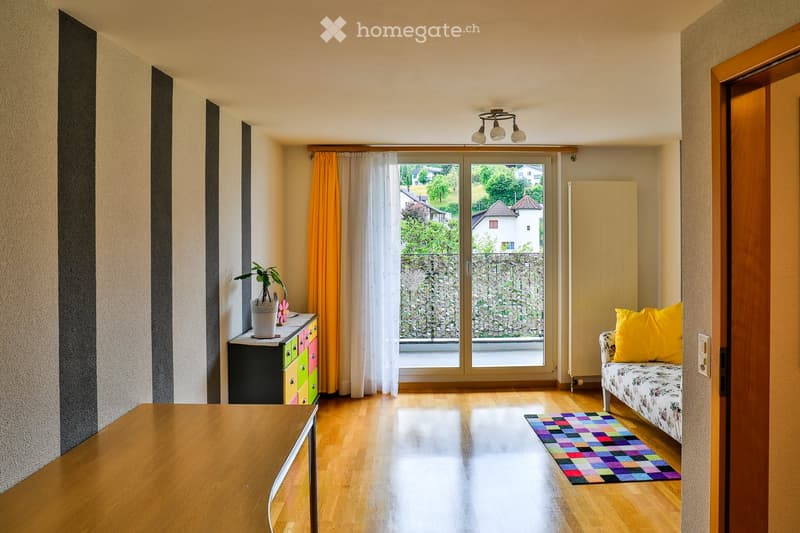Bright living room with wooden flooring, large window with orange and white curtains, sofa with yellow pillow, colorful rug, small table with plant, and colorful cabinet.