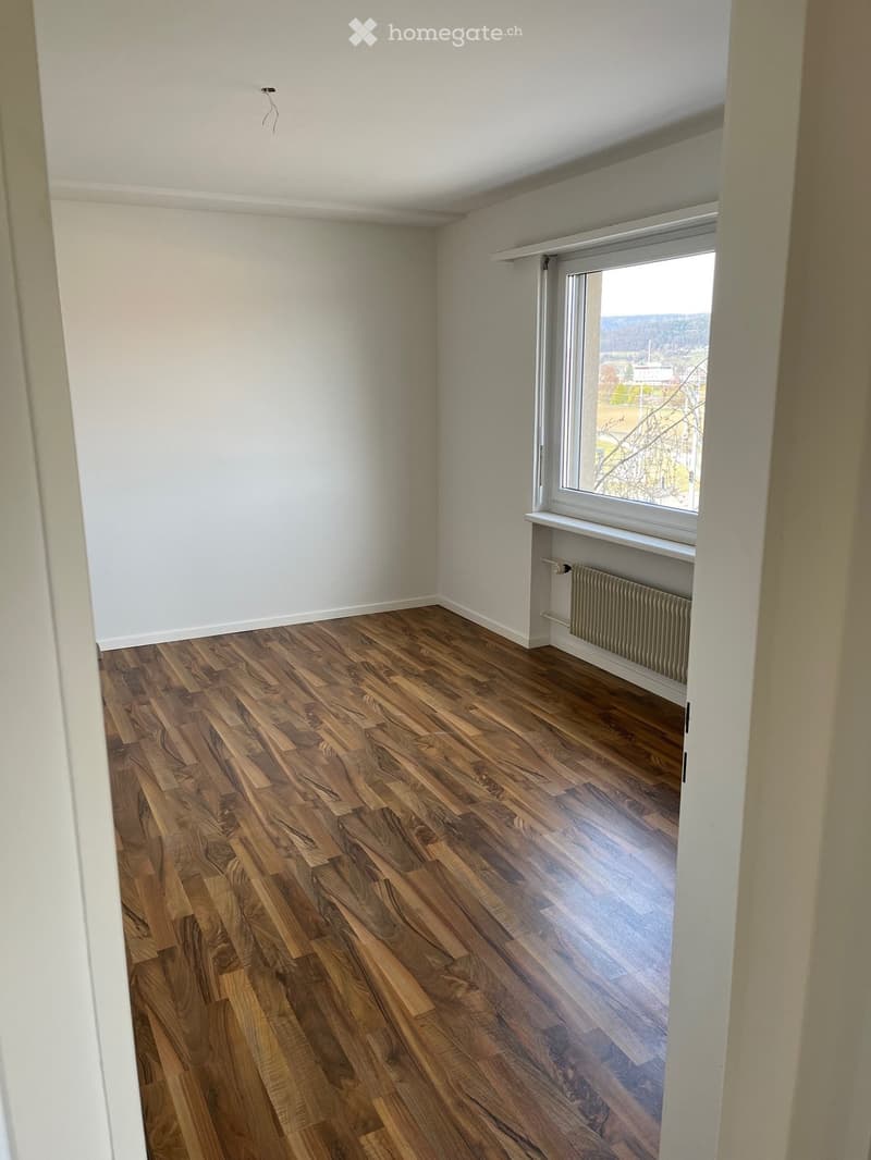 Empty room with wooden flooring, white walls, and a large window with a view of the landscape.