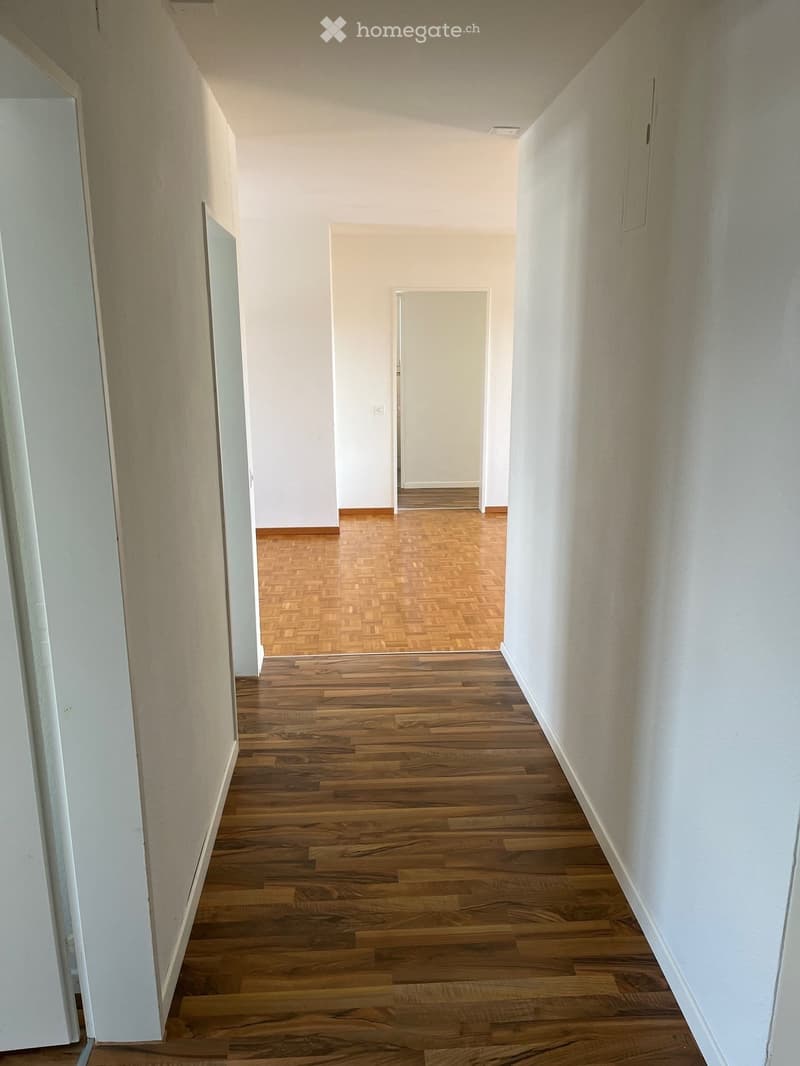 Empty hallway with wooden flooring and white walls, featuring several doors and a visible electrical outlet.