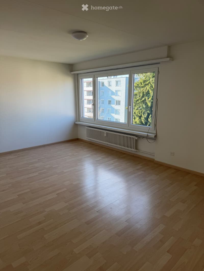 Empty room with wooden flooring, large windows, radiator, and white walls.