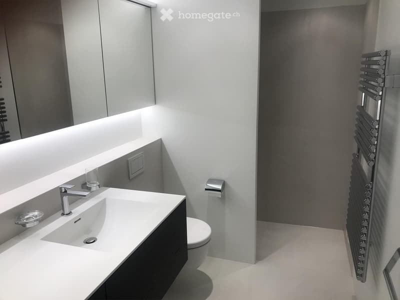 modern bathroom with white sink, toilet, and gray tiled wall