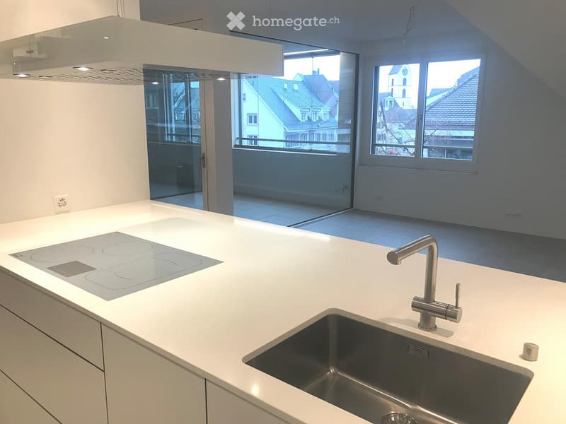 Modern kitchen with induction cooktop, integrated sink, and open design with large windows.