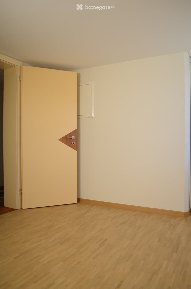 Empty room with light wooden flooring, light-colored walls, and a closed door with a triangular design on the handle.