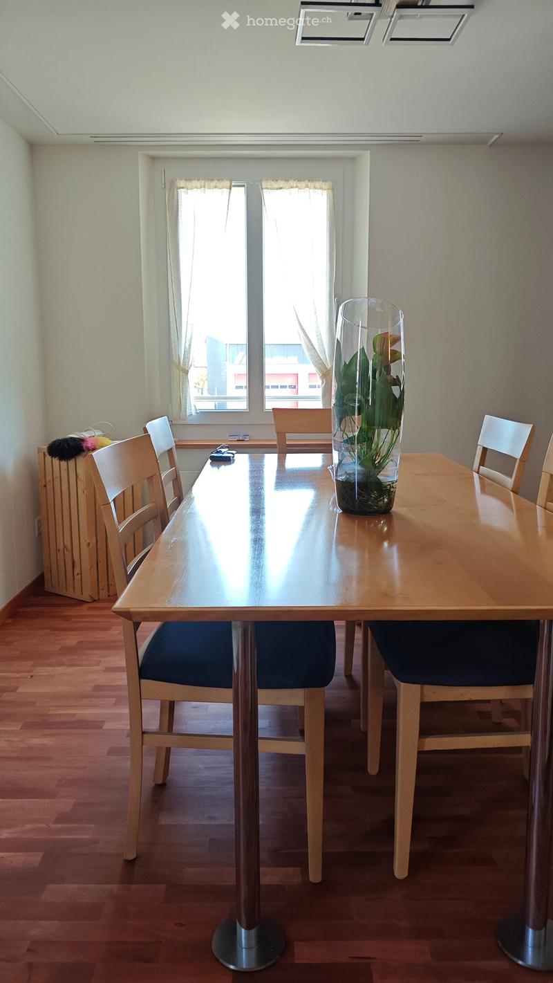 Dining room with a wooden table, chairs, and a vase with plants on the table.