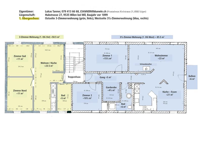 Floor plan of a 1st floor with two apartments: a 3-room apartment (east side) and a 3.5-room apartment (west side). Includes living room, kitchen, bedrooms, bathrooms, hallway, and balcony.