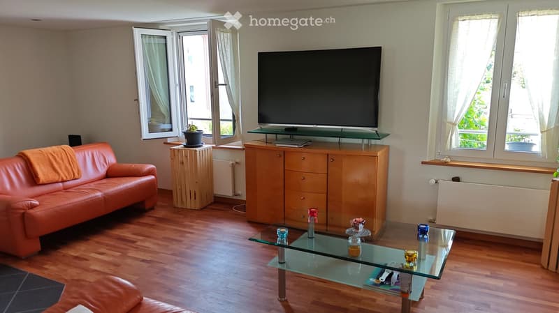 Living room with wooden flooring, large windows, a red leather sofa, a glass coffee table, a TV on a wooden stand, and a small plant on a side table.