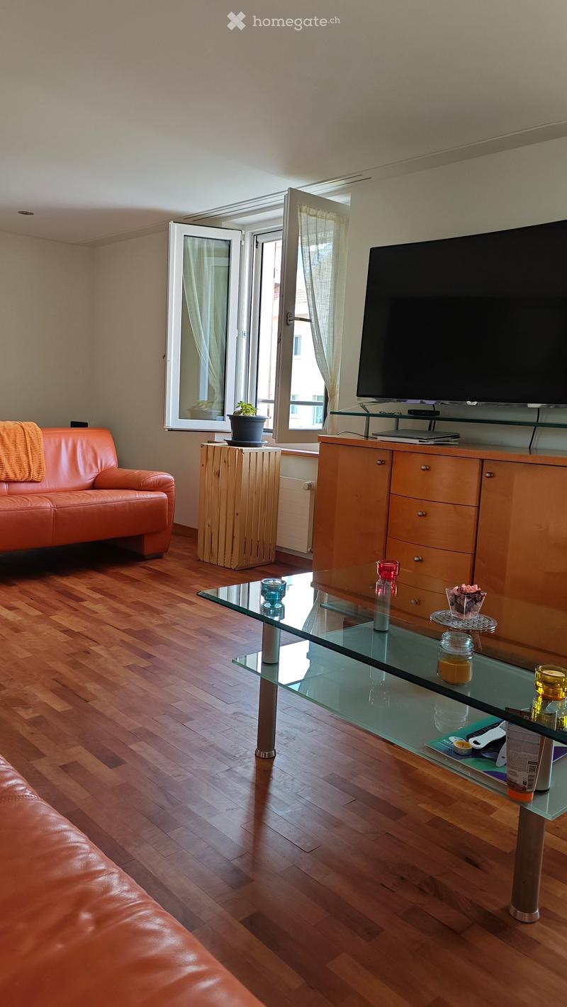 Modern living room with wooden flooring, a glass coffee table, a leather sofa, a TV stand, and a small plant on the windowsill.