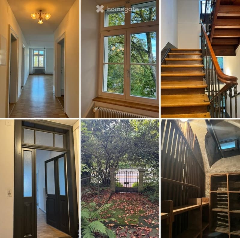 A collage of six images showing a long, well-lit hallway with wooden flooring, a large window with a view of greenery, a wooden staircase with a metal railing, an exterior view of a garden with a tree and a fence, and a close-up of a wooden staircase with