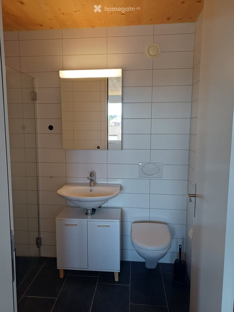 Modern bathroom with white tiles, a sink with a cabinet, a toilet, a mirror with built-in lighting, and a dark tiled floor.