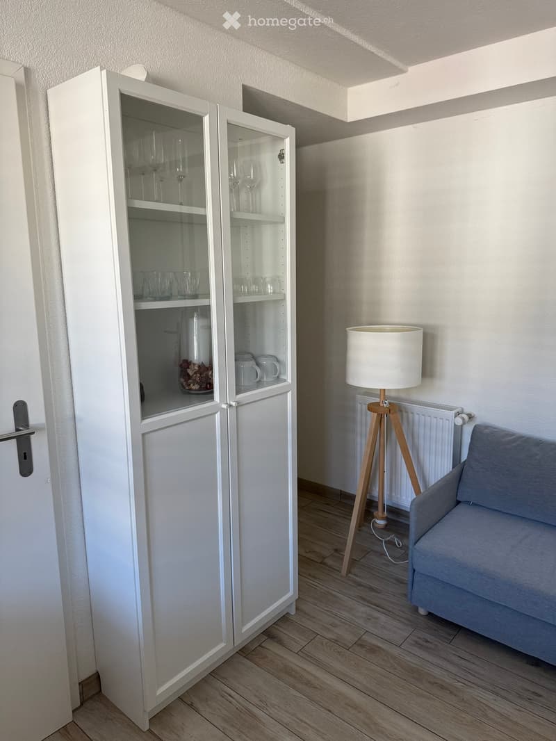 A modern, minimalist living room with a grey sofa, a white cabinet with glass doors displaying glassware and mugs, a wooden floor lamp, and a radiator.