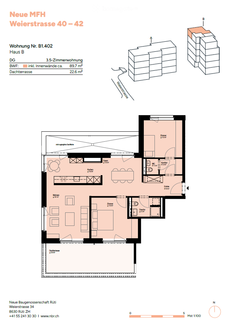 Floor plan of a 3.5-room apartment on the top floor, including living room, kitchen, bedroom, and bathroom.