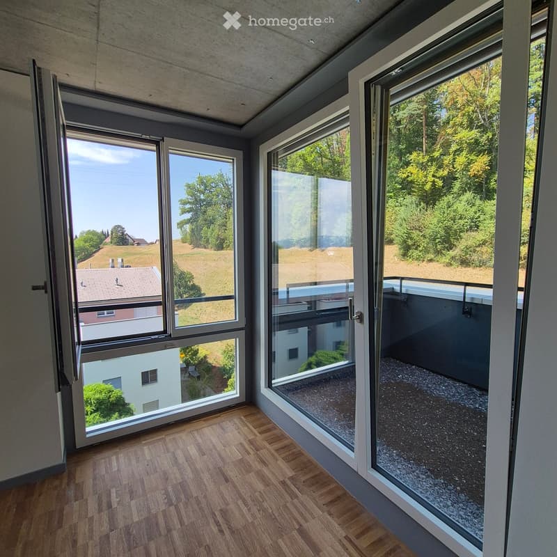 Empty room with wooden flooring, large windows, and a balcony view of a green landscape.