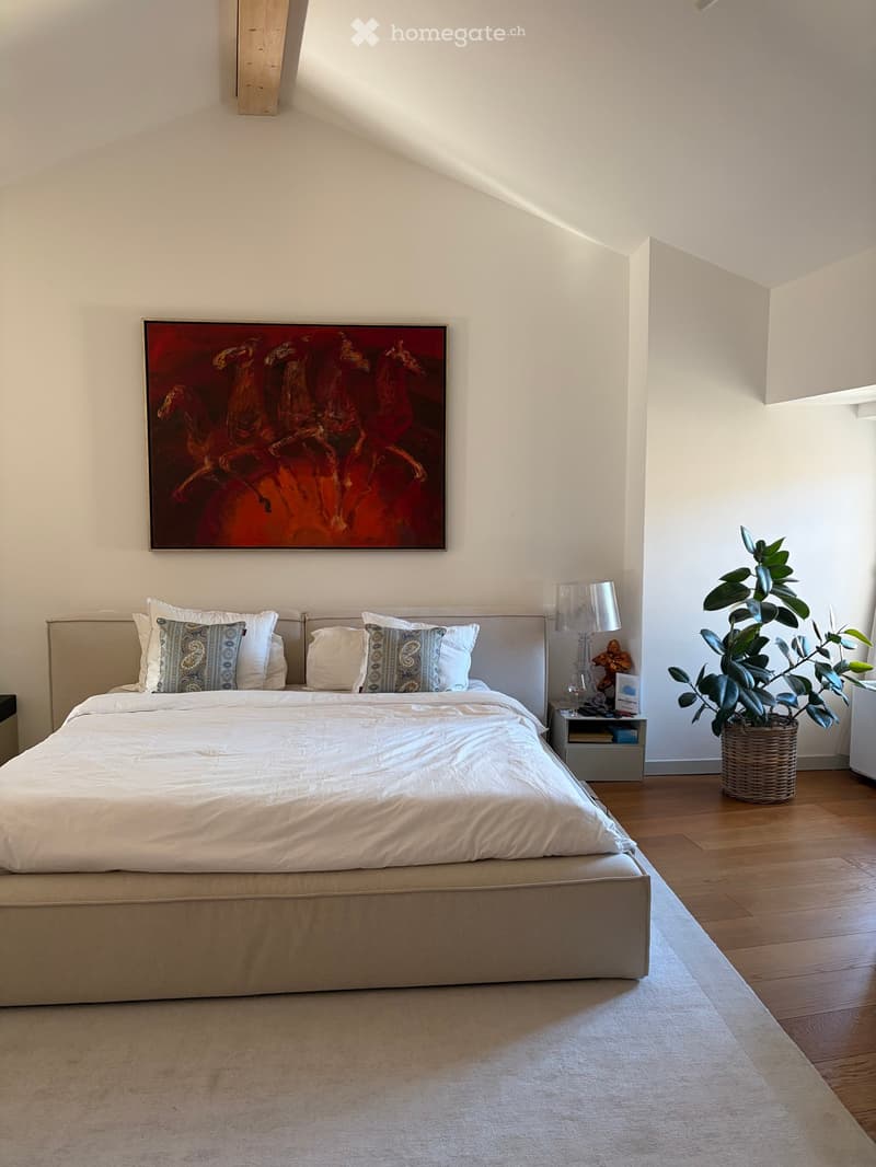 Modern bedroom with a large bed, white bedding, decorative pillows, a nightstand with a lamp, a potted plant, and a colorful painting on the wall.
