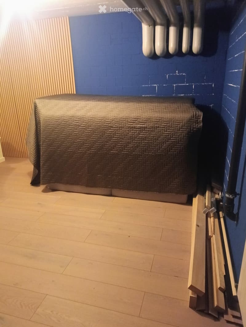 Bedroom with a single bed covered in a patterned duvet, light wooden flooring, and blue accent wall.
