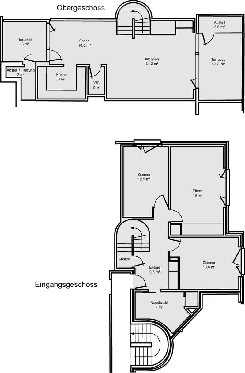 Floor plan of a two-story house with labeled rooms and areas including living space, kitchen, bedrooms, bathrooms, and terraces.
