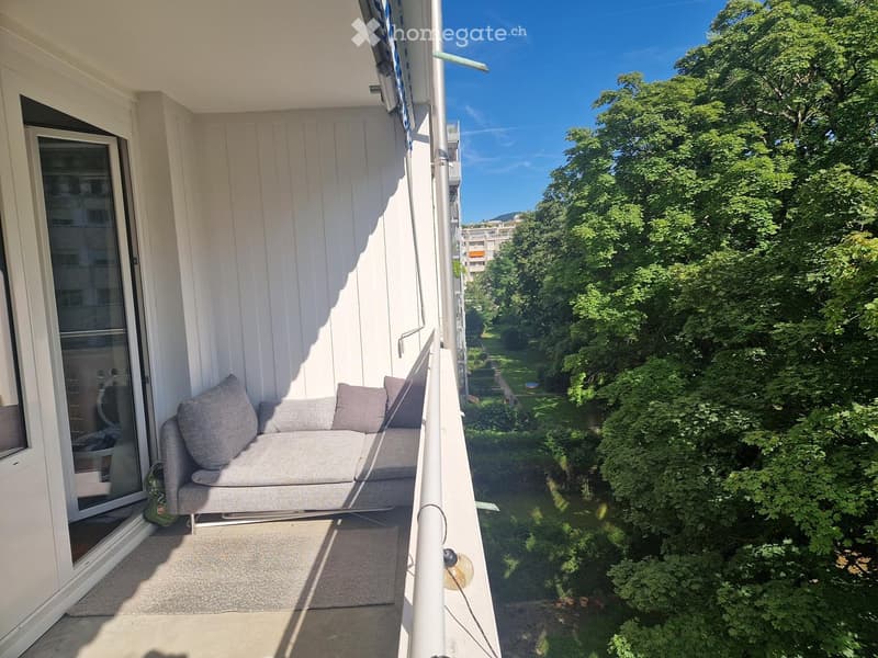 Balcony with a grey sofa, cushions, and a view of a green park.