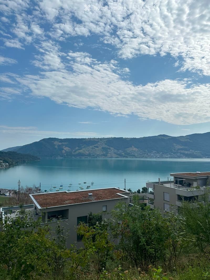 Modern house with a flat roof and large windows, overlooking a serene lake and distant hills.