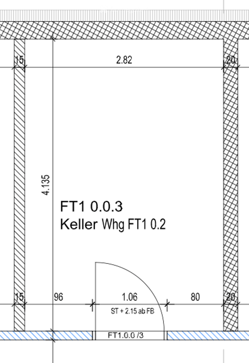 Floor plan showing a basement area with labeled dimensions and room designations: FT1 0.0.3 and Keller Whg FT1 0.2.