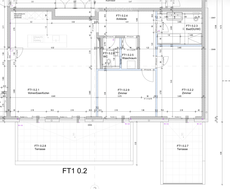 Floor plan of a residential unit labeled FT1 0.2, showing multiple rooms including living/dining/kitchen, bedrooms, bathrooms, and terraces.