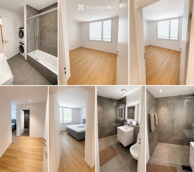 A modern house with multiple rooms including a bathroom, bedroom, and living space. The bathroom features a glass-enclosed shower, a sink, and a washing machine. The bedroom has a bed, a nightstand, and a large window. The living area has wooden flooring