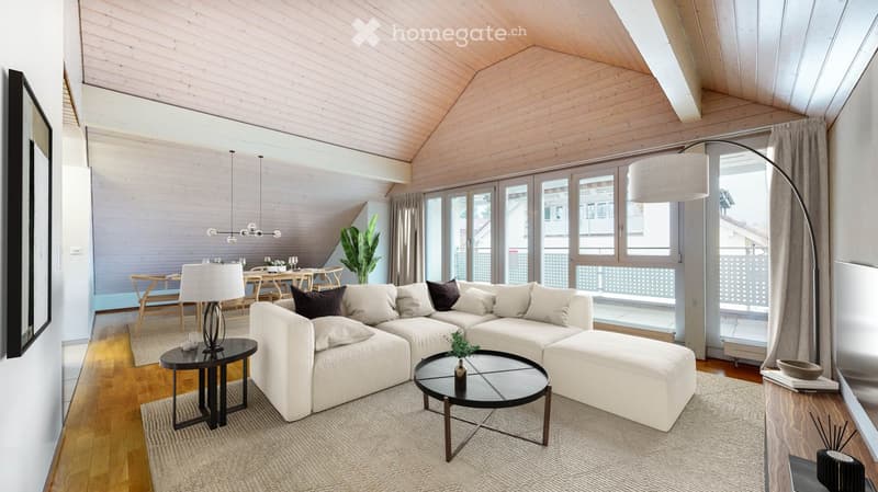 Modern living room with a white sectional sofa, coffee table, ottoman, side table, floor lamp, dining area with table and chairs, and large windows leading to a balcony.