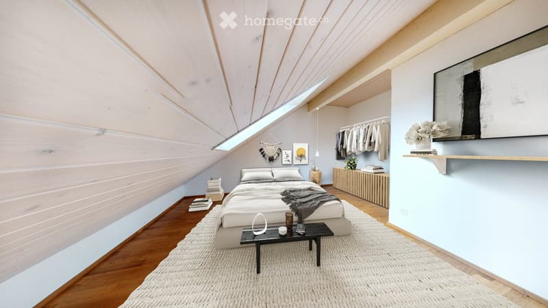 Modern bedroom with a slanted wooden ceiling, large window, and built-in shelving. Features a bed with white bedding, a nightstand, a small table with a vase, and a clothing rack with hanging clothes.