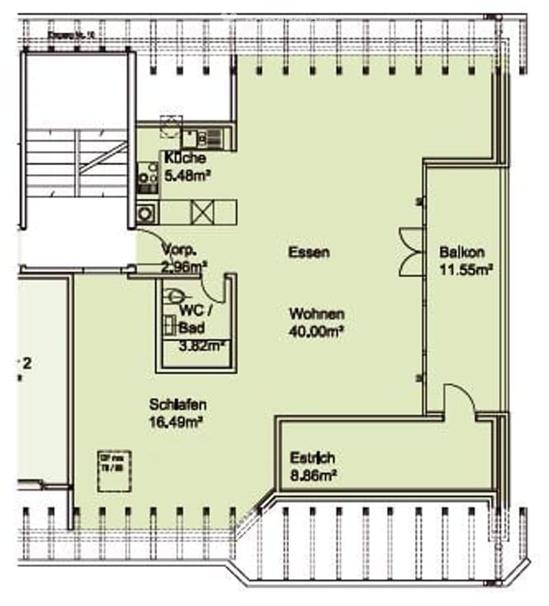 Floor plan of a 2-room apartment with kitchen, living area, bedroom, and balcony.