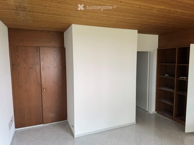 Empty room with wooden ceiling, tiled floor, and built-in wooden cabinetry on one side.