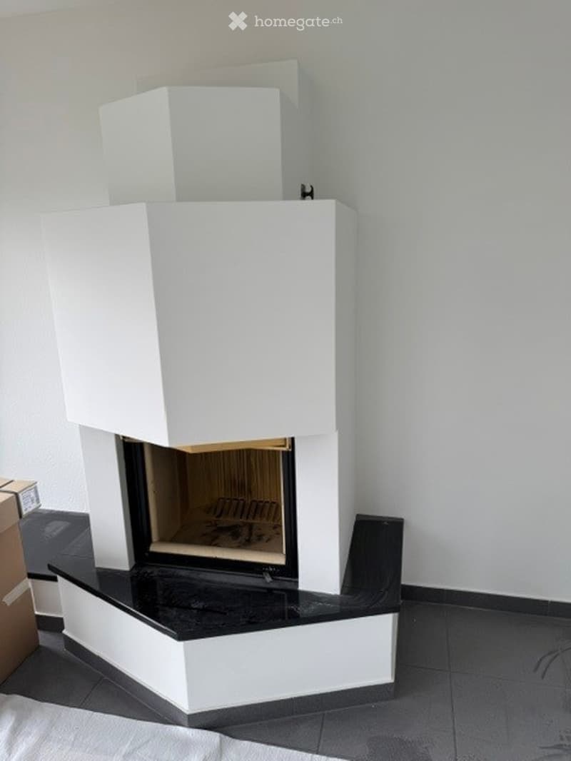 Modern white fireplace with black marble base, built-in storage compartments, and sleek design.