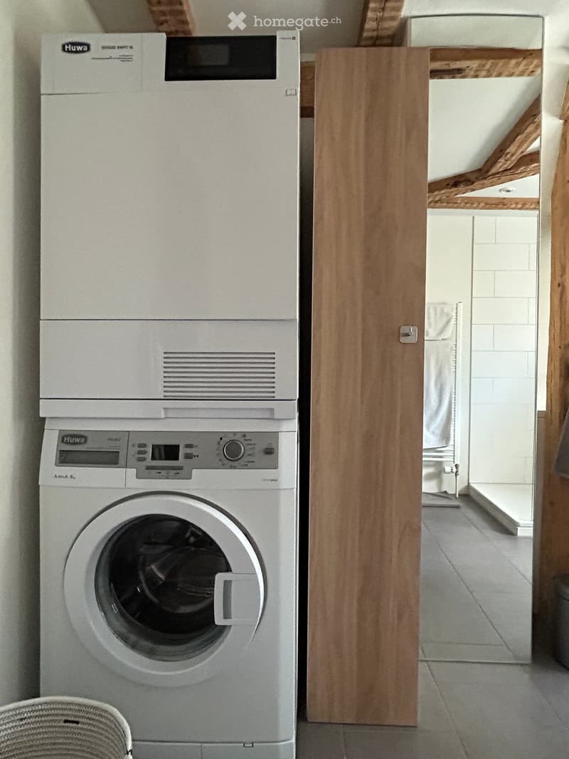 A modern bathroom with a white washing machine and dryer unit, wooden cabinet, and a glimpse of a tiled shower area.
