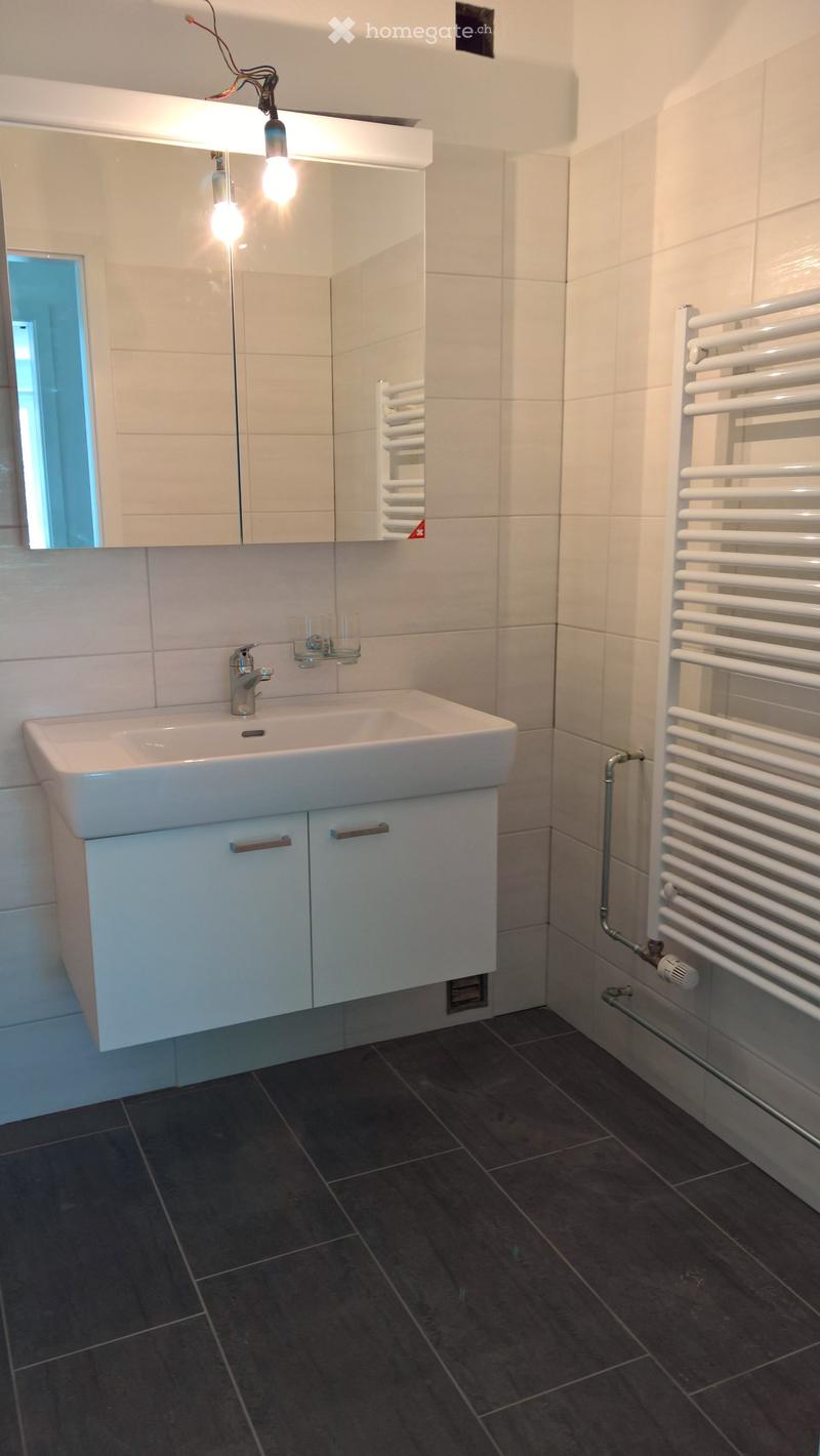 Modern bathroom with white tiles, dark floor tiles, a white sink with a chrome faucet, a large mirror, and a white radiator on the wall.