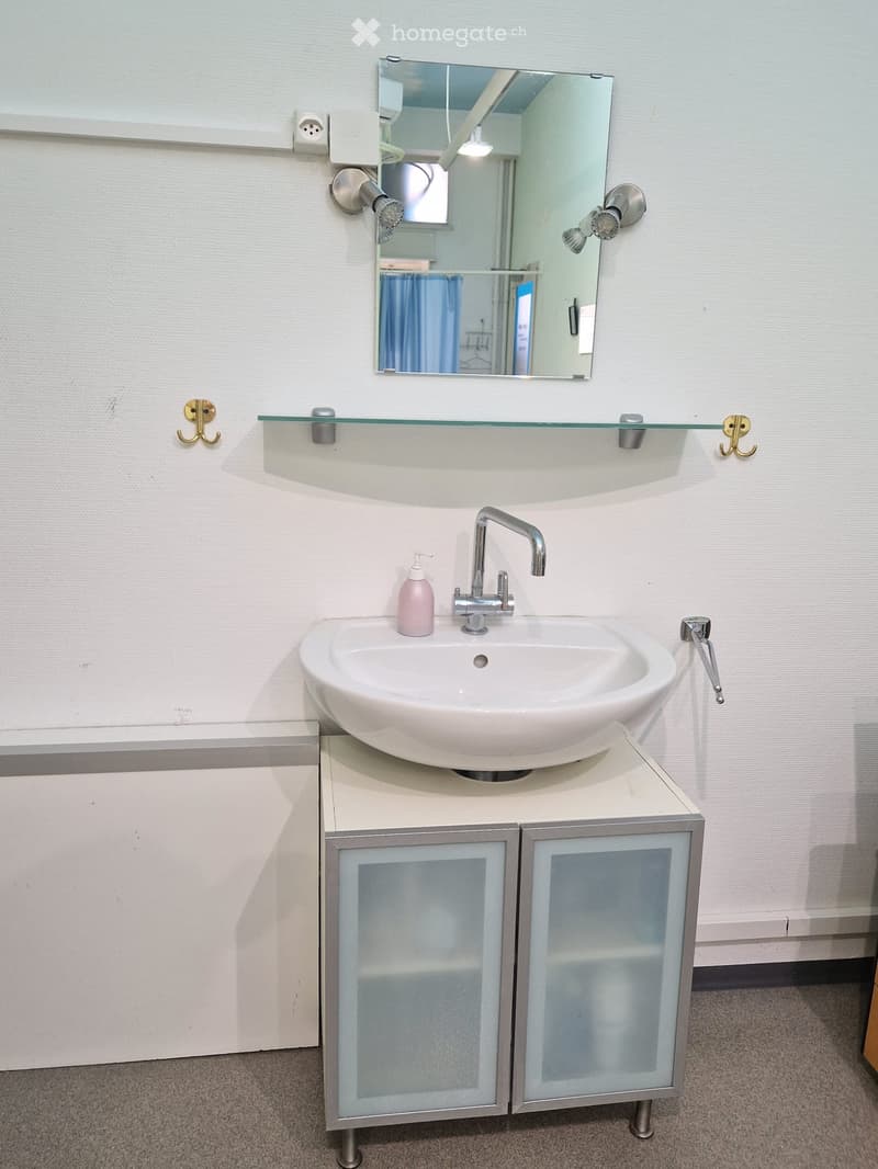 Modern bathroom with a white sink, chrome faucet, mirrored cabinet, and glass shelf above the sink.