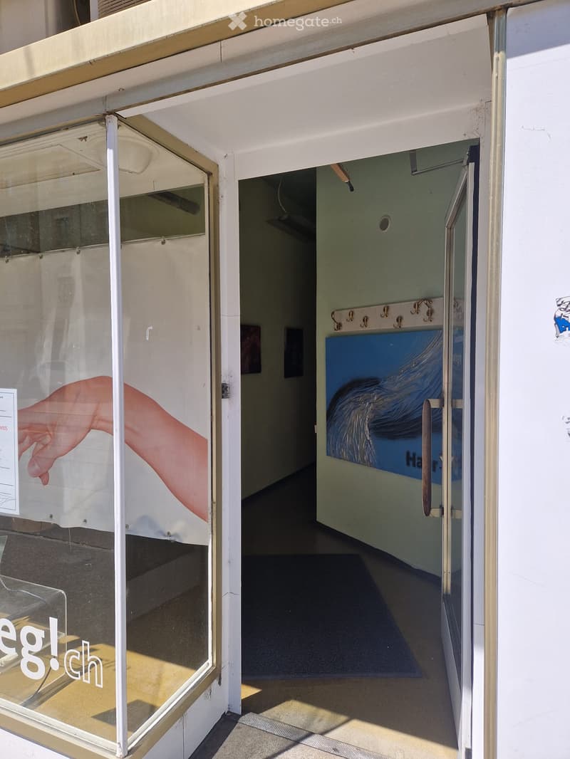 Empty room visible through a glass door, with a coat rack and a blue poster on the wall inside.