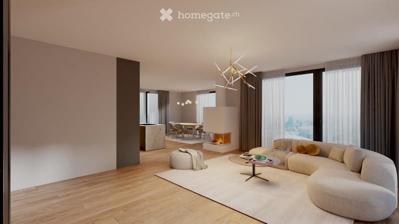 Modern living room with a curved sofa, coffee table, ottoman, fireplace, dining area, and large windows with city view.