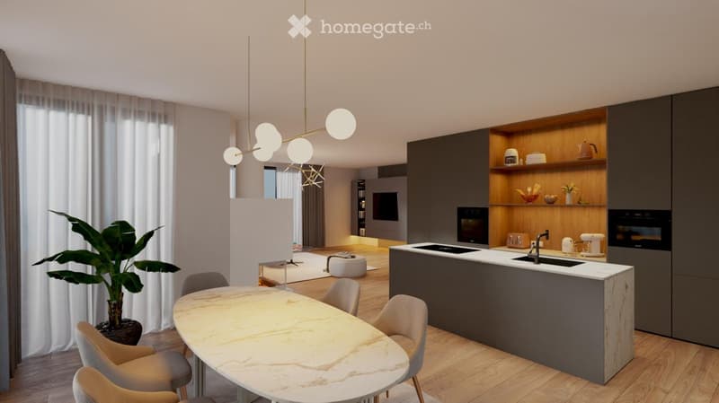 Modern open-plan living and dining area with a marble dining table, chairs, a potted plant, a kitchen island with sink and appliances, and a hanging chandelier.