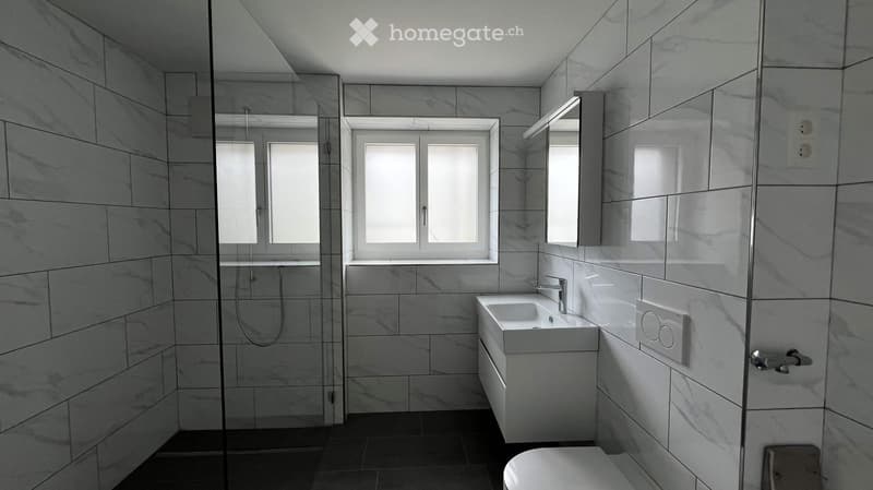 Modern bathroom with marble tiles, a white sink, a toilet, a mirror, and a glass-enclosed shower area.