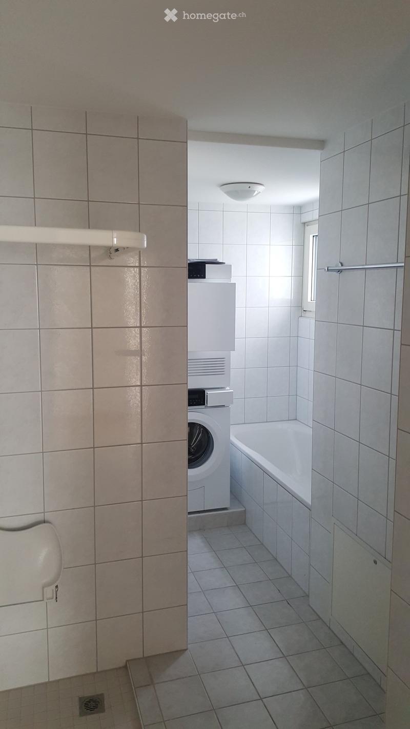 Bathroom with a bathtub, washing machine, toilet, and handrails. The walls are tiled, and the floor is tiled as well.