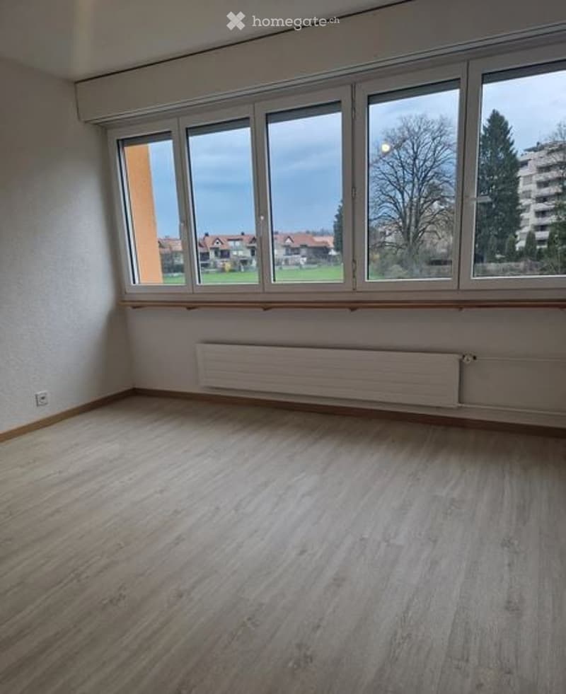 Empty room with wooden flooring, large windows, radiator, and visible outdoor view.