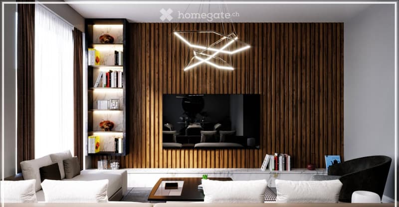 Modern living room with a wooden wall, large flat-screen TV, sleek sofa, coffee table, bookshelf, and contemporary lighting fixture.