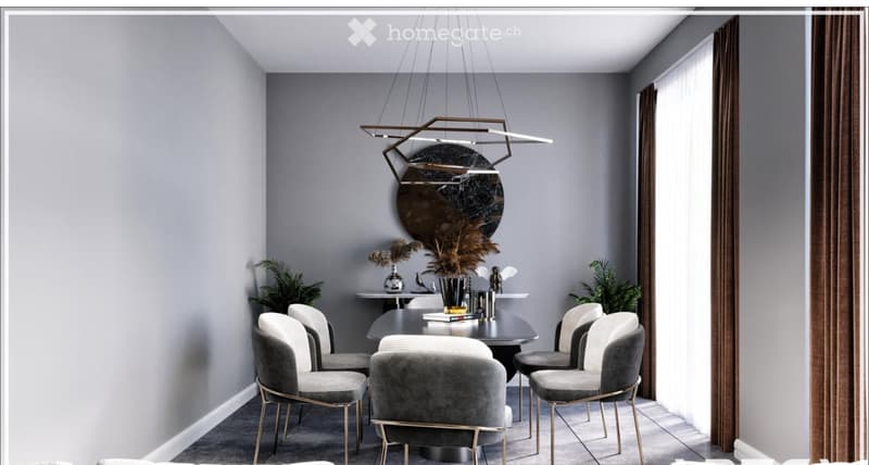 Modern dining room with grey walls, a sleek dining table surrounded by grey chairs, decorative vases, potted plants, and a contemporary chandelier.