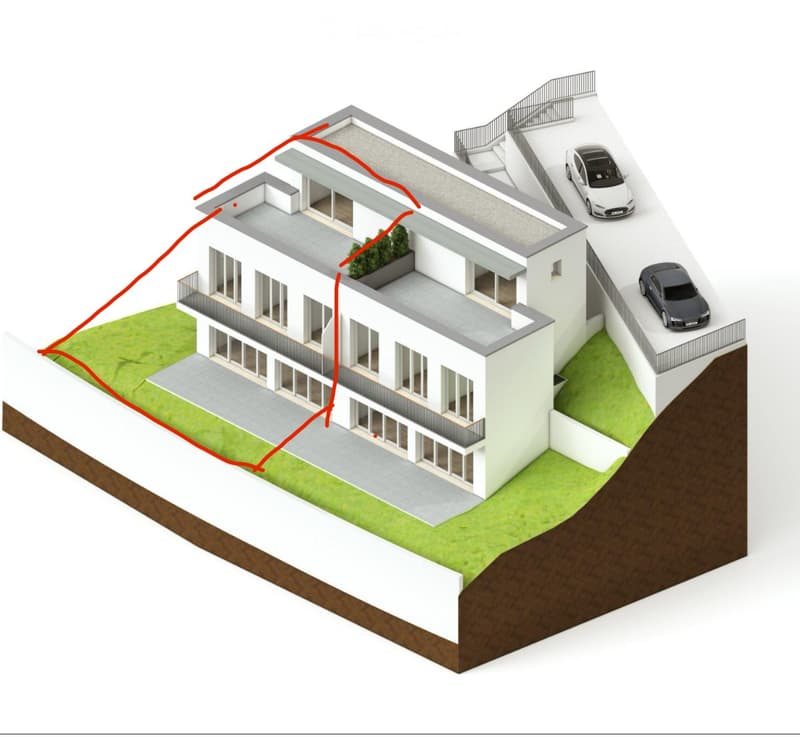 3D model of a modern two-story house with a raised ground floor, balconies, and a rooftop terrace. The house features large windows, a flat roof, and is situated on a sloped terrain with a small garden area.